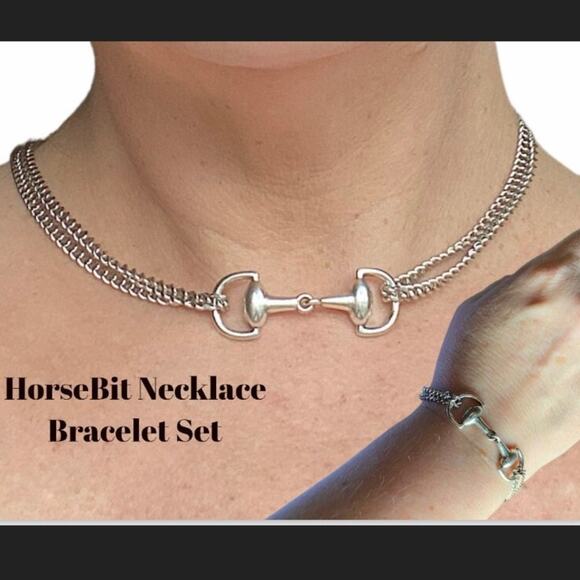 Sterling Silver HorseBit Necklace Bracelet Set Matching Snaffle Stirrup D Ring - Picture 1 of 10